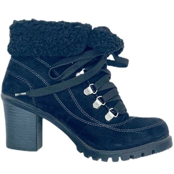 Jellypop Women's Winter Ankle Booties Black Suede Lace Up Chunky Rubber Heel 7.5 - Picture 1 of 9